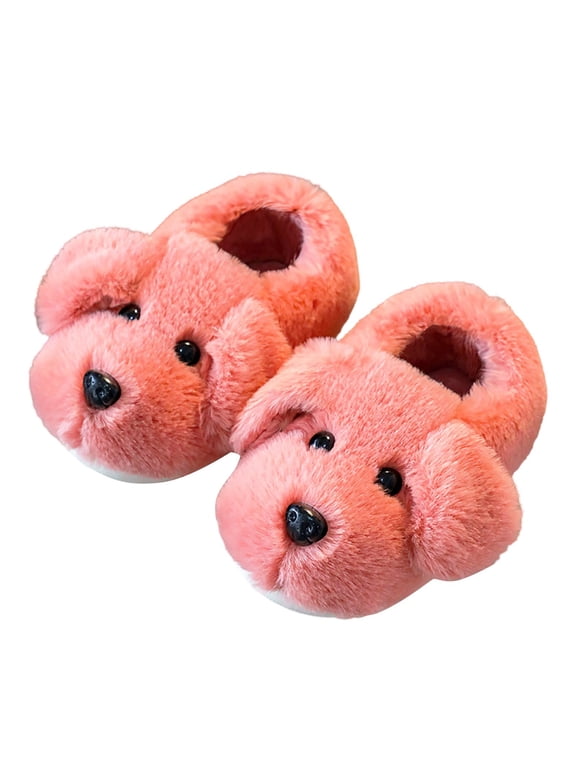 Toddler Kids Winter Fuzzy Closed-Back Slippers Cute Dog Shape Warm Cartoon Character Critter Cozy House Slippers