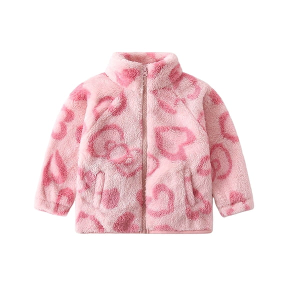 DHFJKG Toddlers Kids Fluffy Zip Up Jackets Winter Outwear Heart Printed Long Sleeve Stand Collar Fuzzy Coat With Pockets For Boy Girl Cold Weather Holiday Outerwear