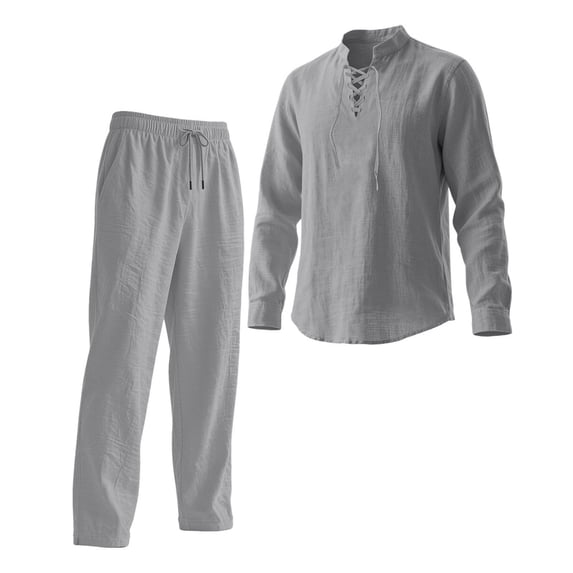 DHFJKG Tracksuit 2 Piece Set For Men Solid Color Long Sleeve Tie Neck Pullover Loose Fit Pants Lightweight Linen Casual Suit Soft Outfit