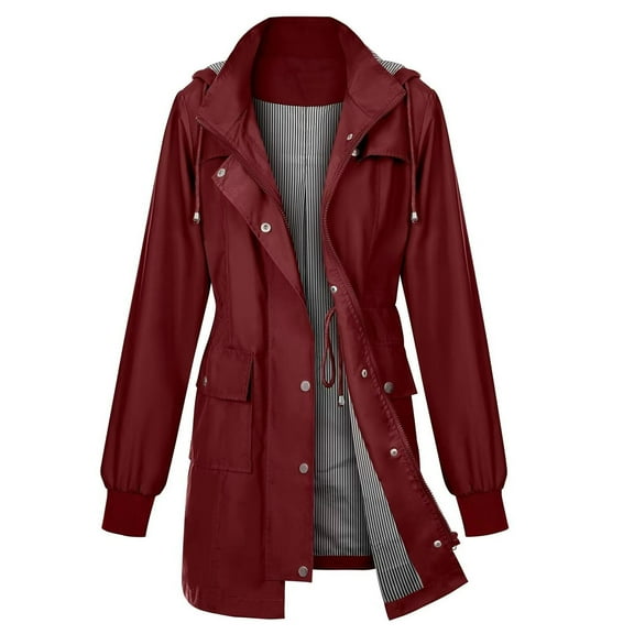 DHFJKG Trench Coat For Women Waterproof With Detachable Hood Solid Color Elastic Waist Zipper Long Jacket With Drawstring Versatile Coat