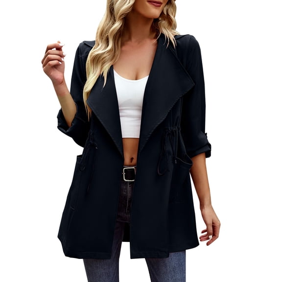 DHFJKG Trench Coat For Women Windbreaker Solid Color Notched Lapel Jackets With Drawstring Belt Casual Daily Wear Cozy Outerwear
