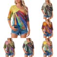 thumbnail image 1 of DHFJKG Tshirts Shirts For Women Boho Top Rainbow Print 3/4 Sleeve V Neck Loose Fit Graphic Tees Retro Bohemian Versatile Tops, 1 of 6