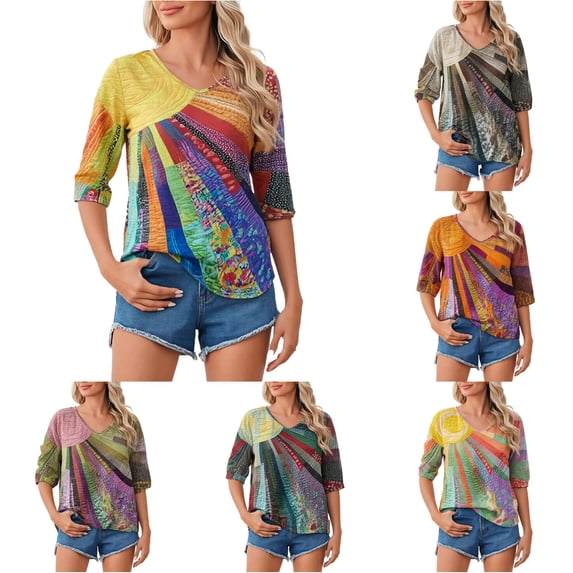 DHFJKG Tshirts Shirts For Women Boho Top Rainbow Print 3/4 Sleeve V Neck Loose Fit Graphic Tees Retro Bohemian Versatile Tops