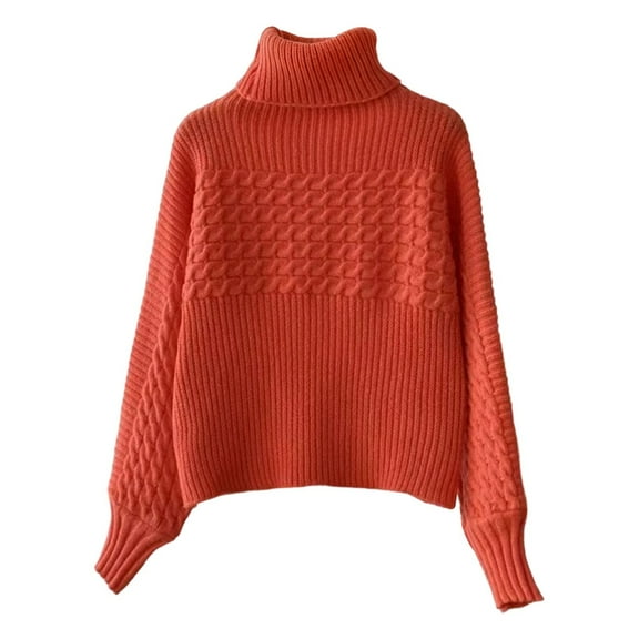 DHFJKG Turtleneck Cropped Sweaters For Women Knit Ribbed Patchwork Jacquard Solid Color Loose Fit Long Sleeve Knitwear Crop Top Pullover Base Layer Shirt Winter Casual Jumper Tops