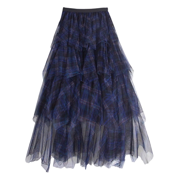 DHFJKG Tutu Tulle Skirts For Women Plaid Mesh Layered Irregular Hem Tiered Midi Skirt Elastic Waist Flowy Soft Skirt