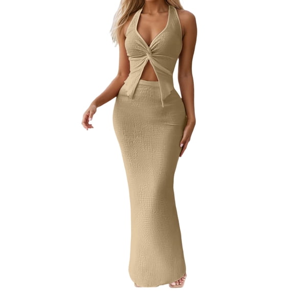 DHFJKG Two Piece Skirt Set For Women Summer Outfits Halter Deep V Neck Sleeveless Crop Top Slim Fit Maxi Skirts Vacation Set Party Soft Outfit