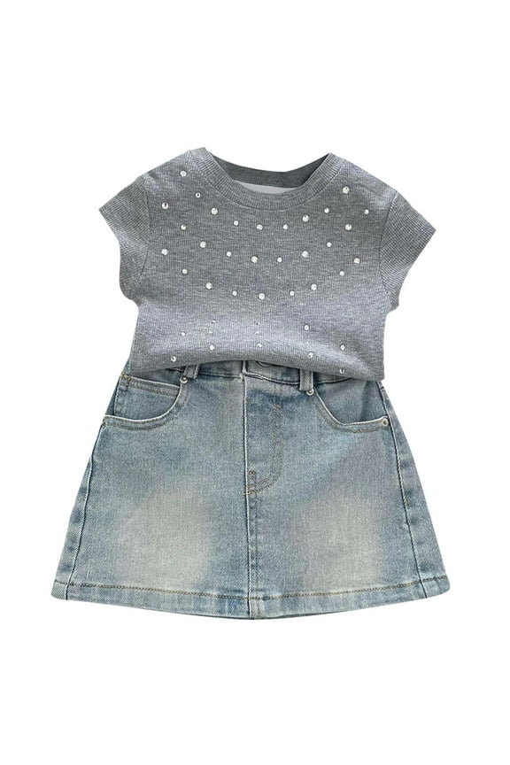 Two Piece Suit Girls' Clothing Sets Suitable For 3-16 Year Old Blouse Top And Denim Short Skirt Set Casual Clothing Comfortable Elastic Material For Daily Wear Short Sleeve Lovely Suit