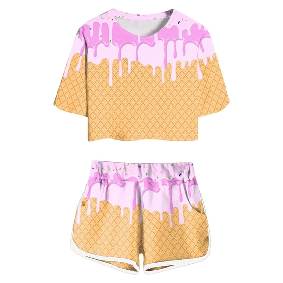 DHFJKG Two Piece Suit Kids Summer Outfit Boys Girls Casual Short Sleeve T Shirt And Shorts Set Comfortable Ice Cream Color Block Printed Playwear For Daily Activities O-Neck Cozy Loungewear