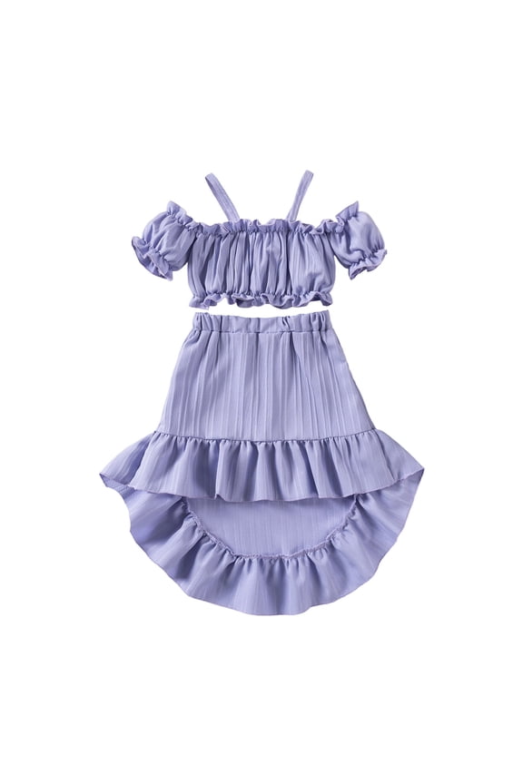 Two Piece Suit Summer Girls' Baby Straps Top With Open Shoulders Short Dress With Ruffled Edges Solid Color Full Length Dresses Long Dress Puff Sleeve Leisure Outfit