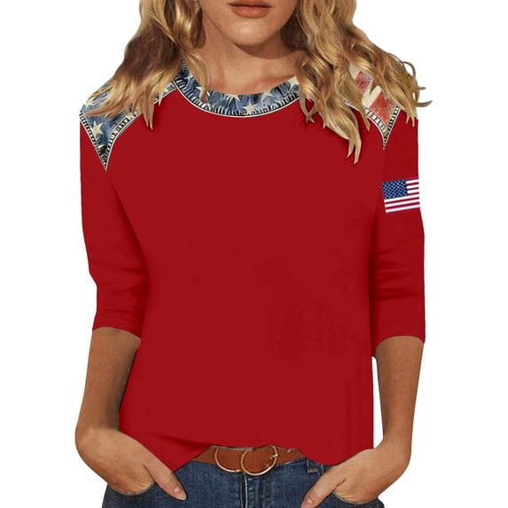 DHFJKG US National Flag T Shirt Women Independence Day Tee Shirts 3/4 Sleeve 4Th Of July Celebration Top