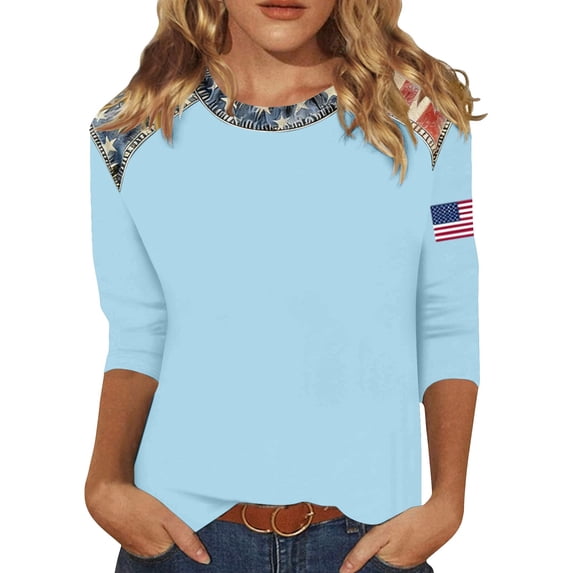 DHFJKG US National Flag T Shirt Women Independence Day Tee Shirts 3/4 Sleeve 4Th Of July Celebration Top