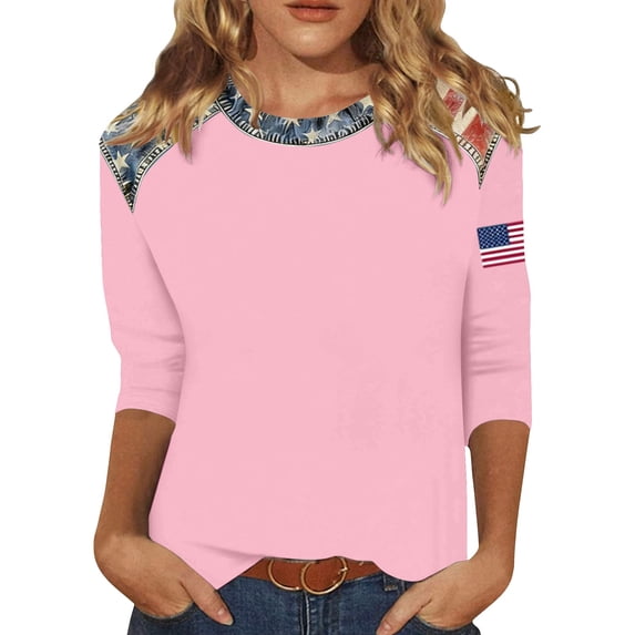 DHFJKG US National Flag T Shirt Women Independence Day Tee Shirts 3/4 Sleeve 4Th Of July Celebration Top