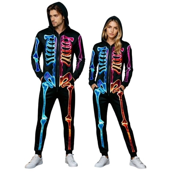 DHFJKG Unisex Adult Halloween Skeleton Jumpsuit Onesie Halloween Party One Piece For Women Men