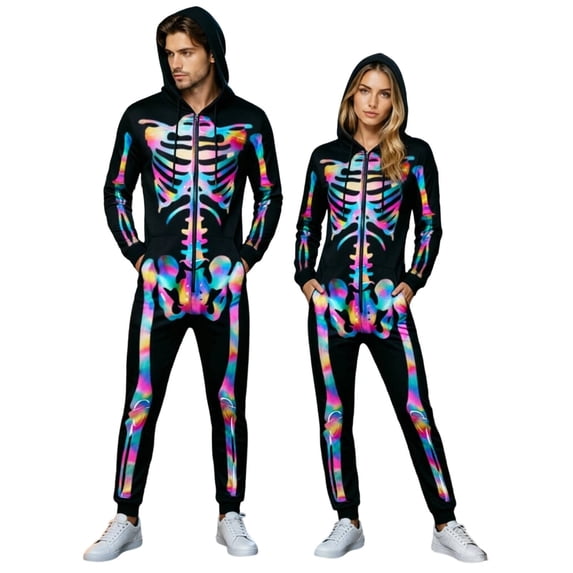 DHFJKG Unisex Adult Halloween Skeleton Jumpsuit Onesie Halloween Party One Piece For Women Men