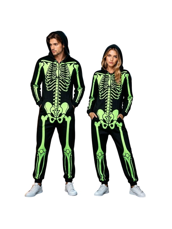 Unisex Adult Halloween Skeleton Jumpsuit Onesie Halloween Party One Piece For Women Men