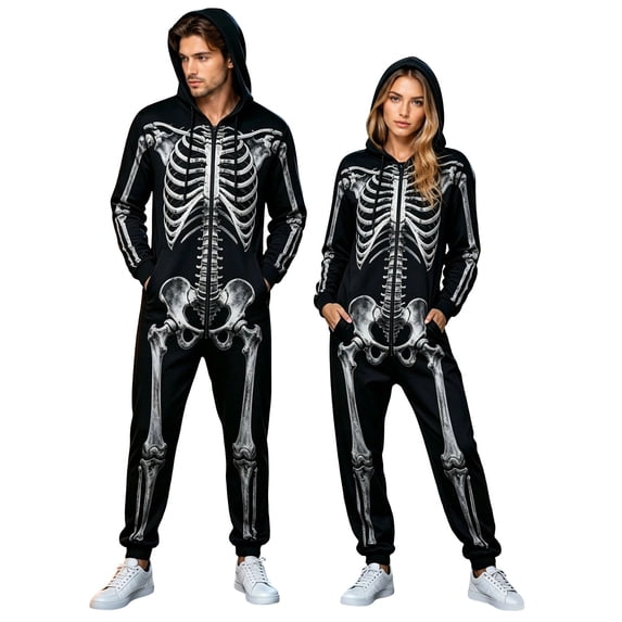 DHFJKG Unisex Adult Halloween Skeleton Jumpsuit Onesie Halloween Party One Piece For Women Men