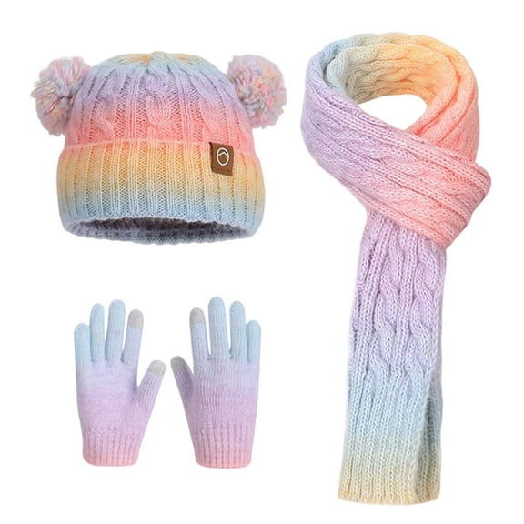 DHFJKG Unisex Child Kids Beanie Scarf Gloves Set Winter Warmer Gradient Knit Fuzzy Pom Hats Scarf Gloves 3 Piece Cozy Soft Insulated Set