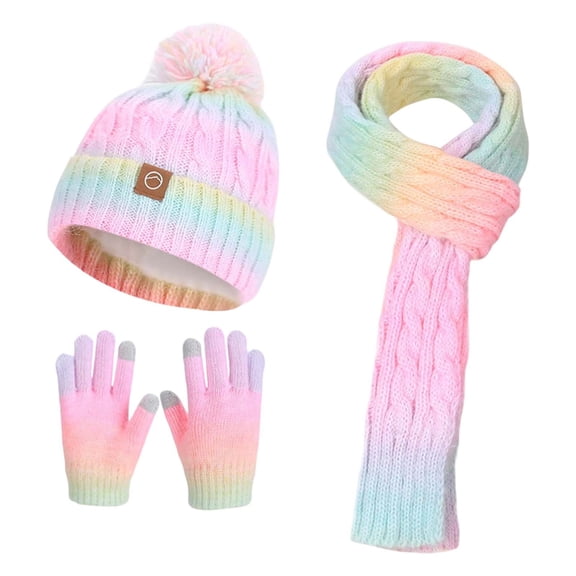 DHFJKG Unisex Child Kids Beanie Scarf Gloves Set Winter Warmer Gradient Knit Fuzzy Pom Hats Scarf Gloves 3 Piece Cute Soft Insulated Set