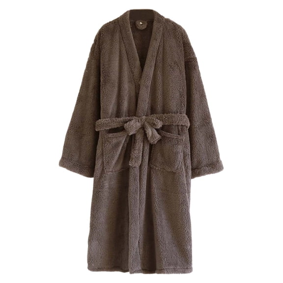 DHFJKG Unisex Flannel Thickened Bathrobe With Belt Long Sleeve Solid Color Spa Robe Autumn Winter Soft Homewear