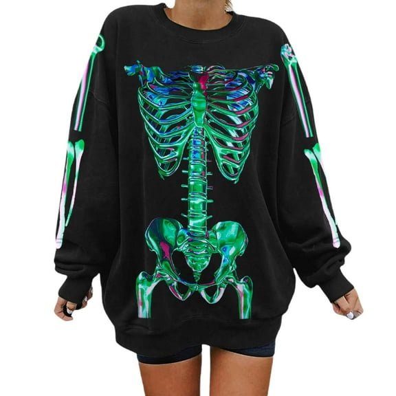 DHFJKG Unisex Halloween Sweatshirt Skeleton Print Oversized Longline Hoodless Drop Shoulder Pullover For Women And Men Comfortable Casual Streetwear Cool Top Long Sleeve Round Neck Trendy Tops