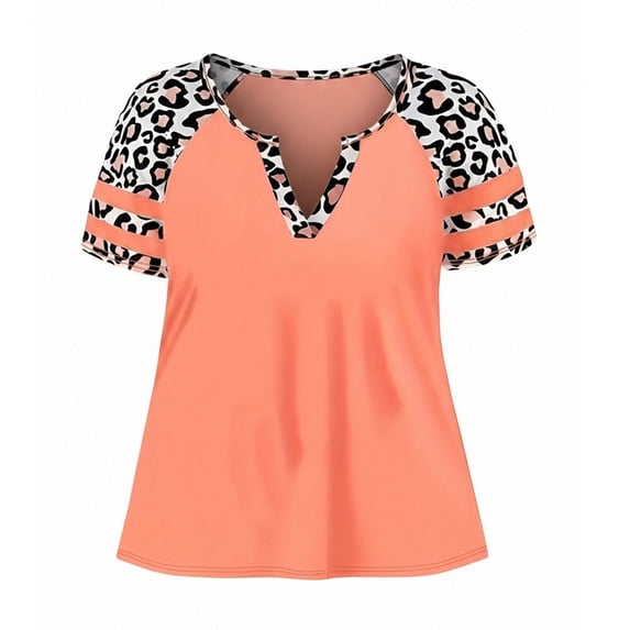 DHFJKG V Neck T Shirt Women Leopard Graphic Tee Short Sleeve Summer Patchwork Color Loose Fit Tshirts Stylish Tops