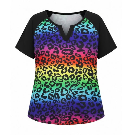 DHFJKG V Neck T Shirt Women Leopard Graphic Tee Short Sleeve Summer Patchwork Color Loose Fit Tshirts Trendy Tops