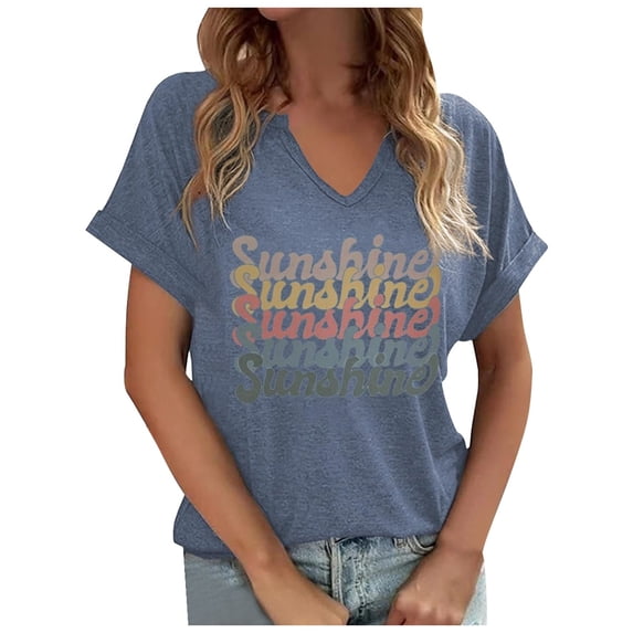DHFJKG V Neck T Shirts For Women Letter Graphic Tees Relaxed Fit Short Sleeve Summer Tshirts
