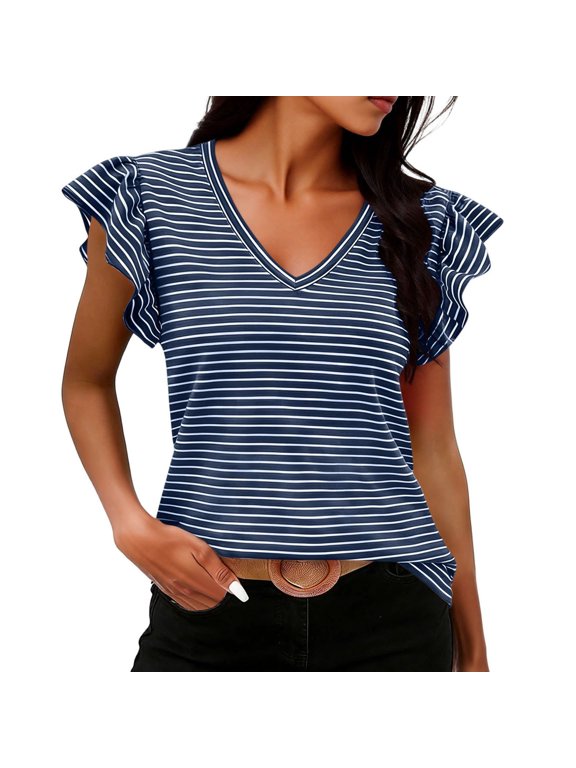 V Neck T Shirts For Women Striped Tee Flutter Sleeve Loose Fit Casual Summer Daily Wear Stylish Tops