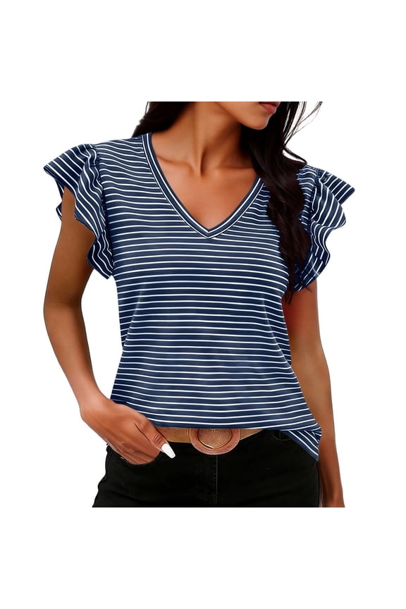 V Neck T Shirts For Women Striped Tee Flutter Sleeve Loose Fit Casual Summer Daily Wear Stylish Tops