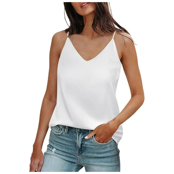 DHFJKG V Neck Tank Tops For Women Silk Satin Summer Sleeveless Camisole Thin Straps Loose Fit Cami Shirts Versatile Top