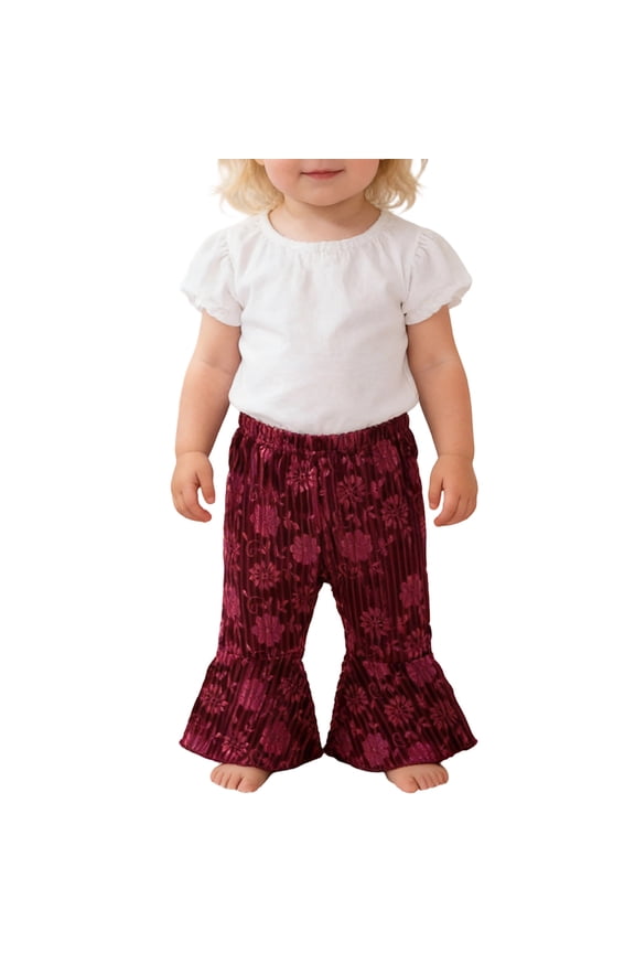 Velvet Flare Pants For Baby Girls Floral Pattern Elastic Waist Casual Pants Toddlers Kids Trendy Trousers