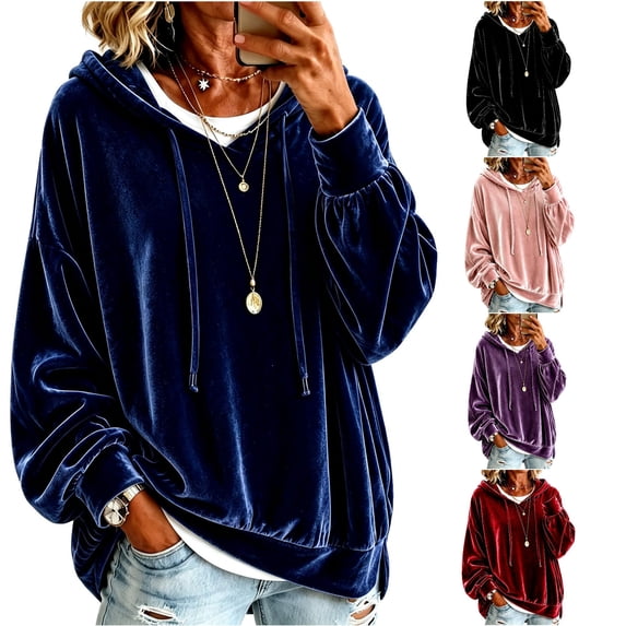 DHFJKG Velvet Hoodie Women Fall Plain Sweatshirt Relaxed Fit Long Sleeve Drawstring Pullover Tops
