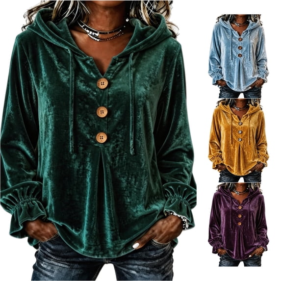 DHFJKG Velvet Hoodies For Women Ruffle Long Sleeve Button Pullover Sweatshirt Casual Fall Clothes