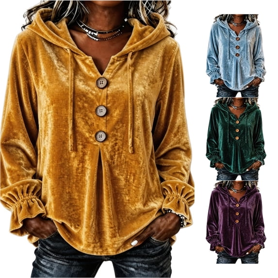 DHFJKG Velvet Hoodies For Women Ruffle Long Sleeve Button Pullover Sweatshirt Casual Fall Clothes