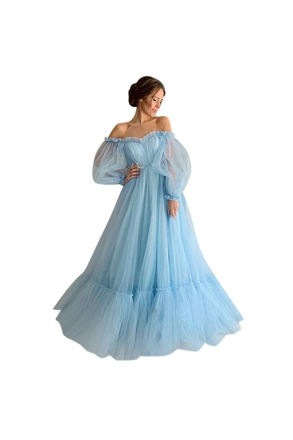 Wedding Guest Dress Women's Off Shoulder Solid Color Lantern Long Sleeve Mesh Ball Gown Party Prom Maxi Dress Trendy Dresses