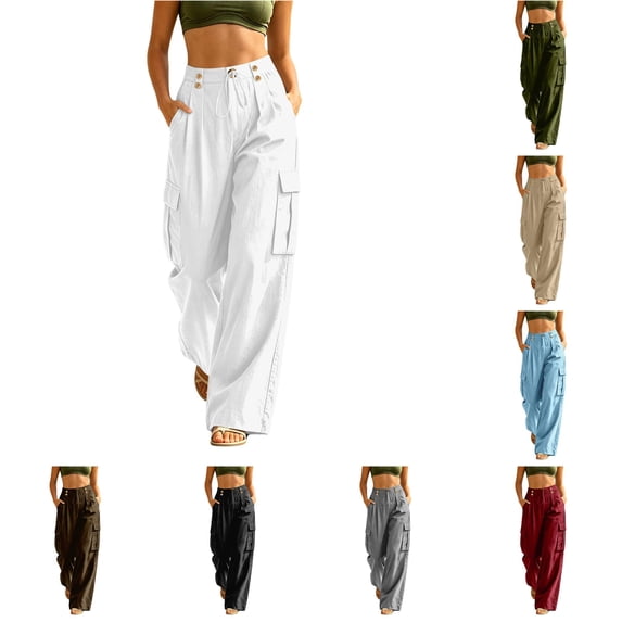 DHFJKG Wide Leg Cargo Pants For Women Casual Summer Lightweight High Waisted Multi Pockets Baggy Streetwear Pants