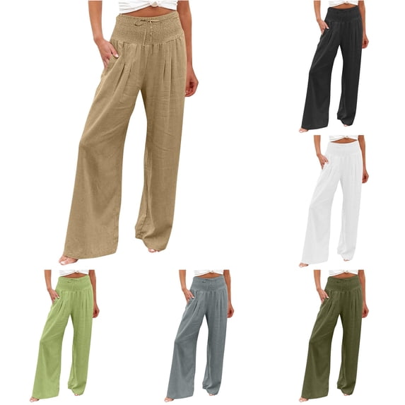DHFJKG Wide Leg Pants For Women High Smocked Waist Flowy Palazzo Pants With Pockets Casual Summer Clothes