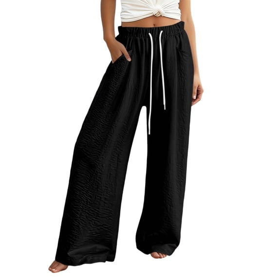 DHFJKG Wide Leg Pants For Women Linen Flowy Palazzo Drawstring Elastic Waist Pants With Pockets Summer Beach Vacation Clothes Stylish Trousers