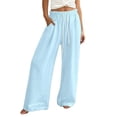 thumbnail image 1 of DHFJKG Wide Leg Pants For Women Linen Flowy Palazzo Drawstring Elastic Waist Pants With Pockets Summer Beach Vacation Clothes Versatile Trousers, 1 of 4