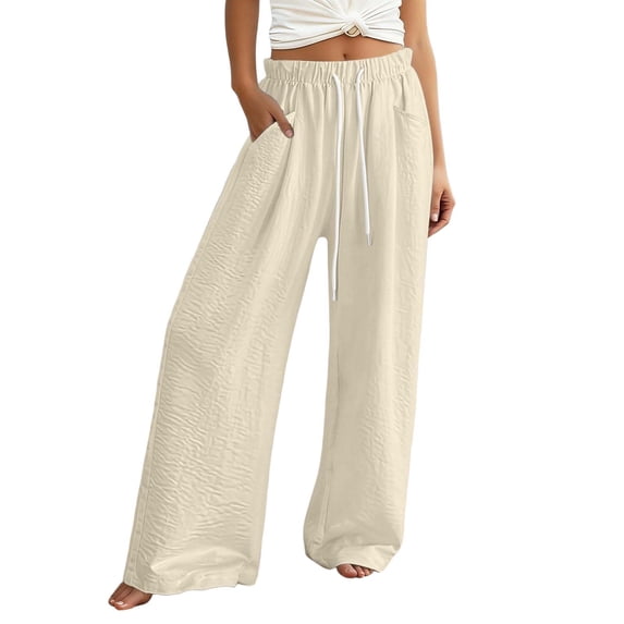 DHFJKG Wide Leg Pants For Women Linen Flowy Palazzo Drawstring Elastic Waist Pants With Pockets Summer Beach Vacation Clothes Versatile Trousers