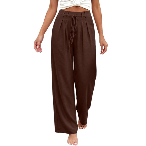 DHFJKG Wide Leg Pants Women Summer Lightweight Casual Drawstring High Waisted Flowy Palazzo Solid Color Beach Comfy Trousers