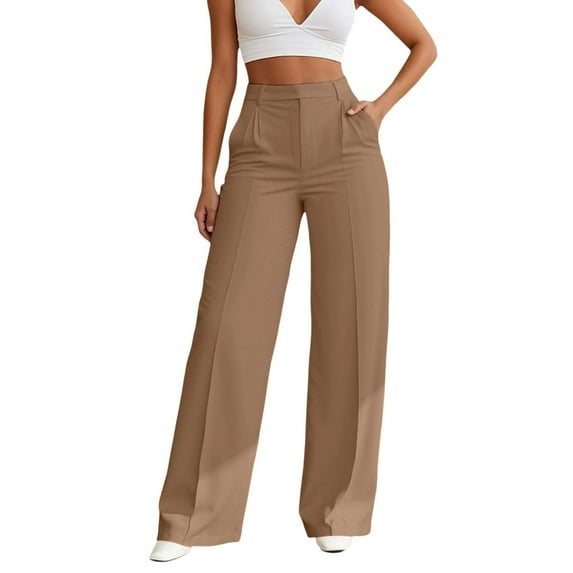 DHFJKG Wide Leg Suit Pants For Women Office Lady Straight Leg Solid Color Business Work Pants With Pockets Trendy Trousers