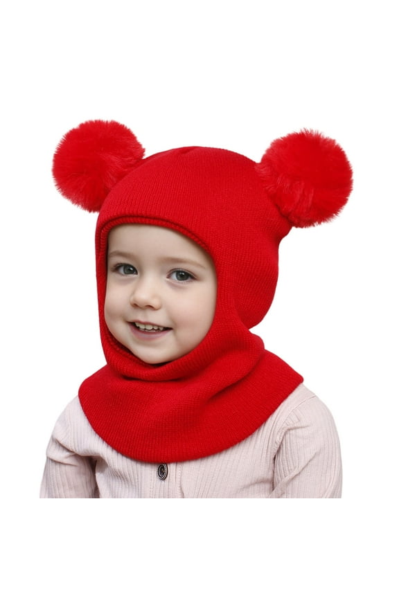 Winter Baby Beanie Balaclava Hat Girls Boys Solid Color Fuzzy Pom-Pom Neck Warmer Versatile Hats