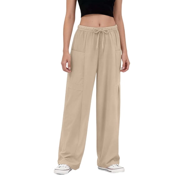 DHFJKG Winter Casual Wide Leg Sweatpants For Women Pleated Solid Color Loose Fit Elastic Waist Floor-Length Pants With Pockets Soft Trousers