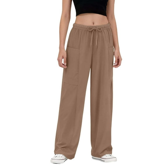 DHFJKG Winter Casual Wide Leg Sweatpants For Women Pleated Solid Color Loose Fit Elastic Waist Floor-Length Pants With Pockets Versatile Trousers