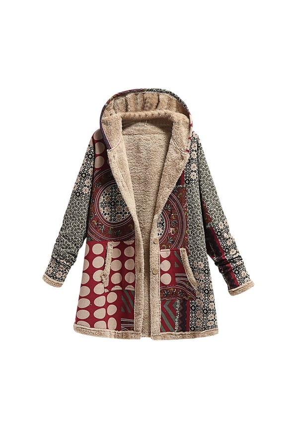 Winter Coats For Women Fuzzy Lining Boho Retro Print Mediun Length Hooded Coat With Pockets Warm Cozy Outerwear