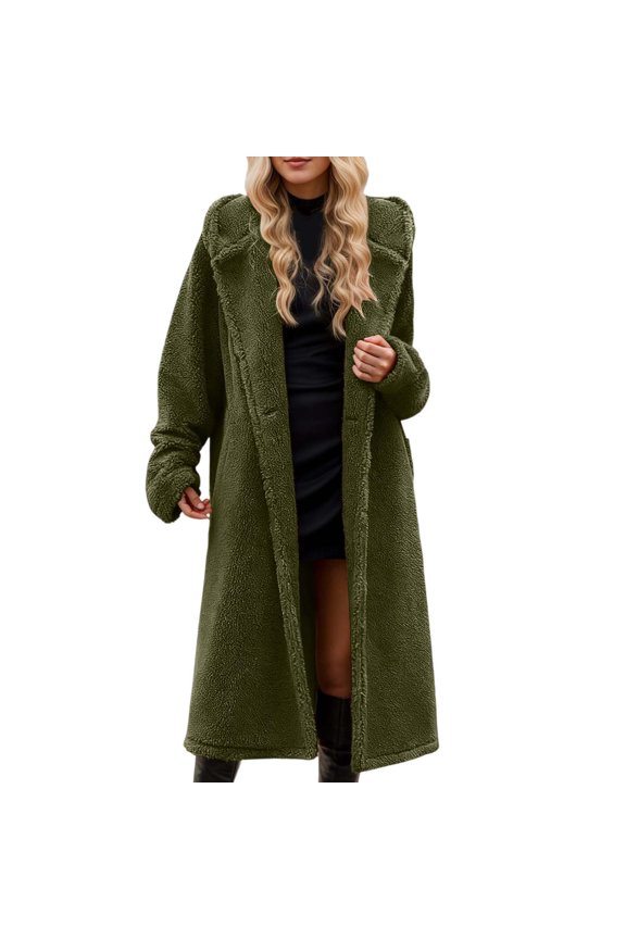 Winter Coats For Women Longline Hoodies Fluffy Solid Color Button Mid-Calf Overcoat With Pockets For Cold Weather Cozy Outerwear