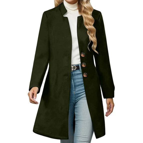 DHFJKG Winter Coats For Women Trench Coat Long Sleeve Button Down Mediun Length Slim Fit Overcoat Timeless Solid Color Versatile Outerwear