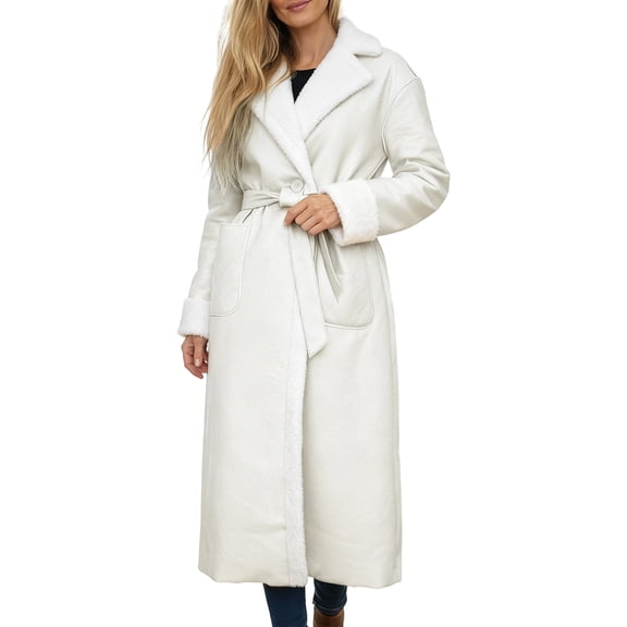 DHFJKG Winter Coats For Women Trench Coat Thick Fuzzy Lining Notched Lapel Belted Mid-Calf Jacket With Pockets Casual Wear Versatile Outerwear