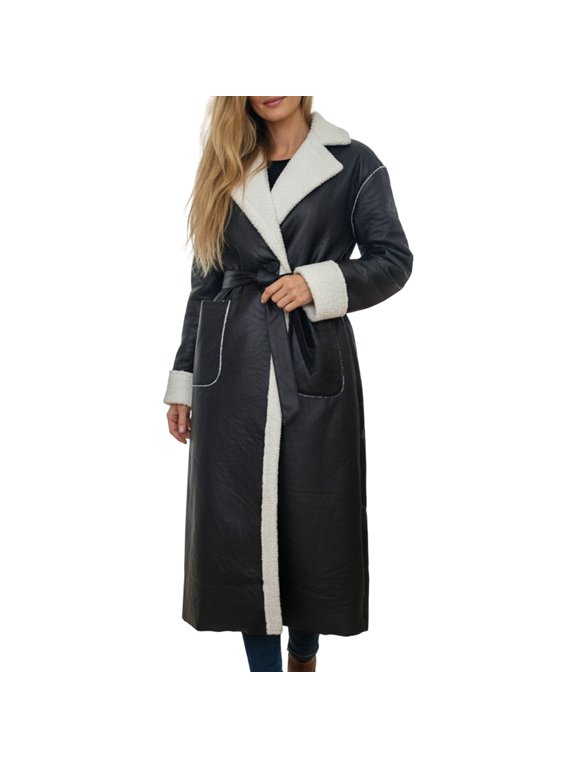 Winter Coats For Women Trench Coat Thick Fuzzy Lining Notched Lapel Belted Mid-Calf Jacket With Pockets Casual Wear Versatile Outerwear